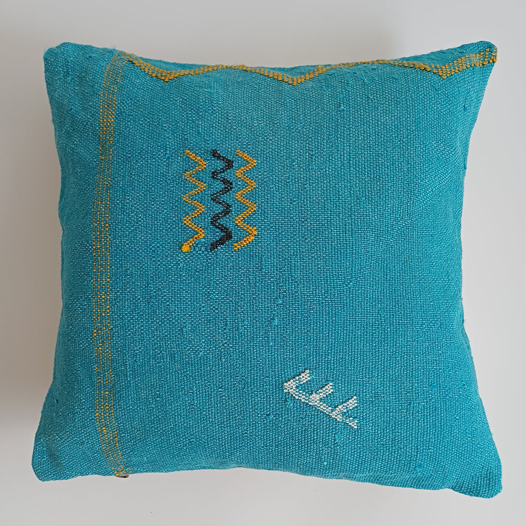 Moroccan Handmade Teal Blue Cactus Silk Cushion Cover 16''x16'' / 40x40 CM