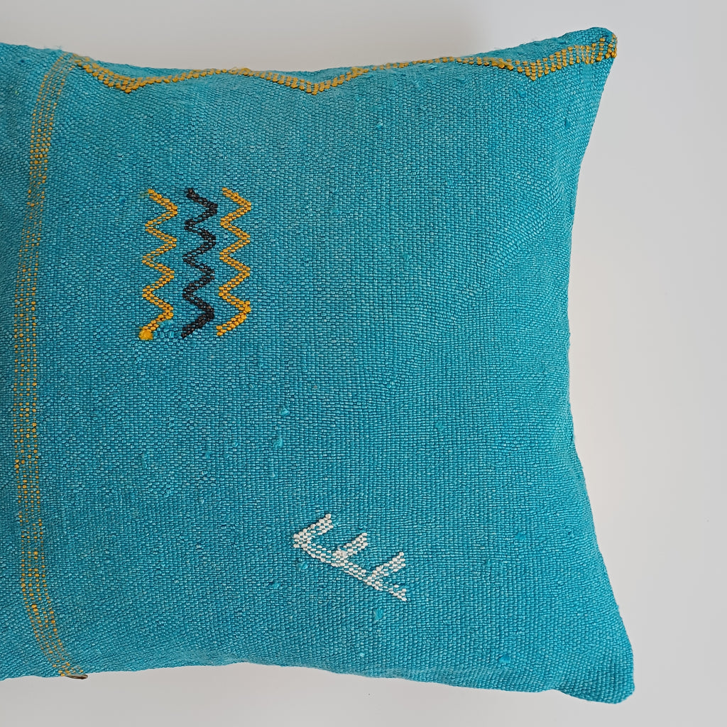 Moroccan Handmade Teal Blue Cactus Silk Cushion Cover 16''x16'' / 40x40 CM