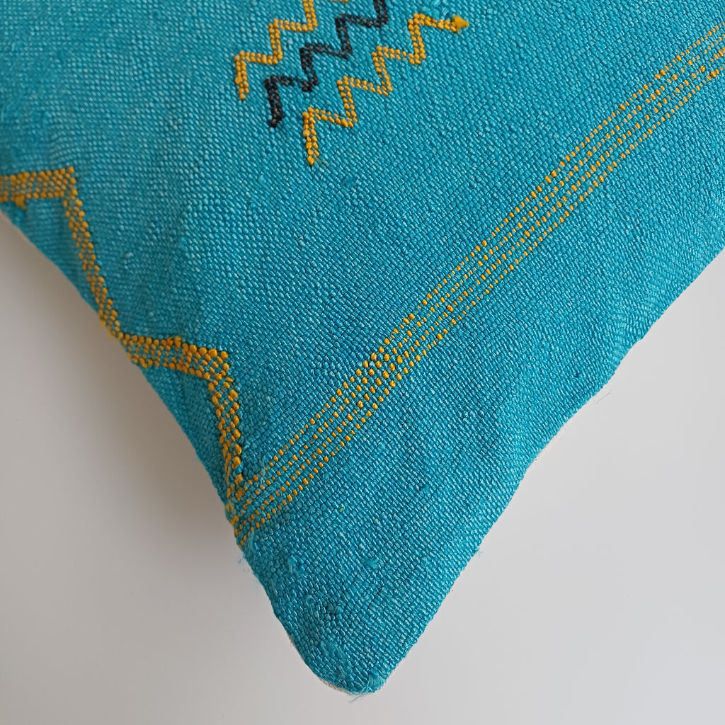 Moroccan Handmade Teal Blue Cactus Silk Cushion Cover 16''x16'' / 40x40 CM
