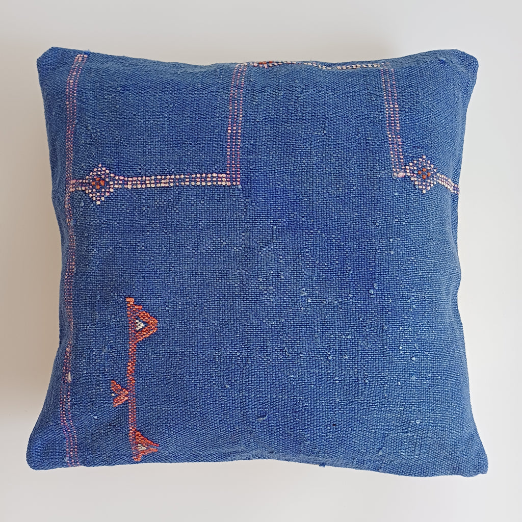 Moroccan Handmade Blue Cactus Silk Cushion Cover 16''x16'' / 40x40 CM