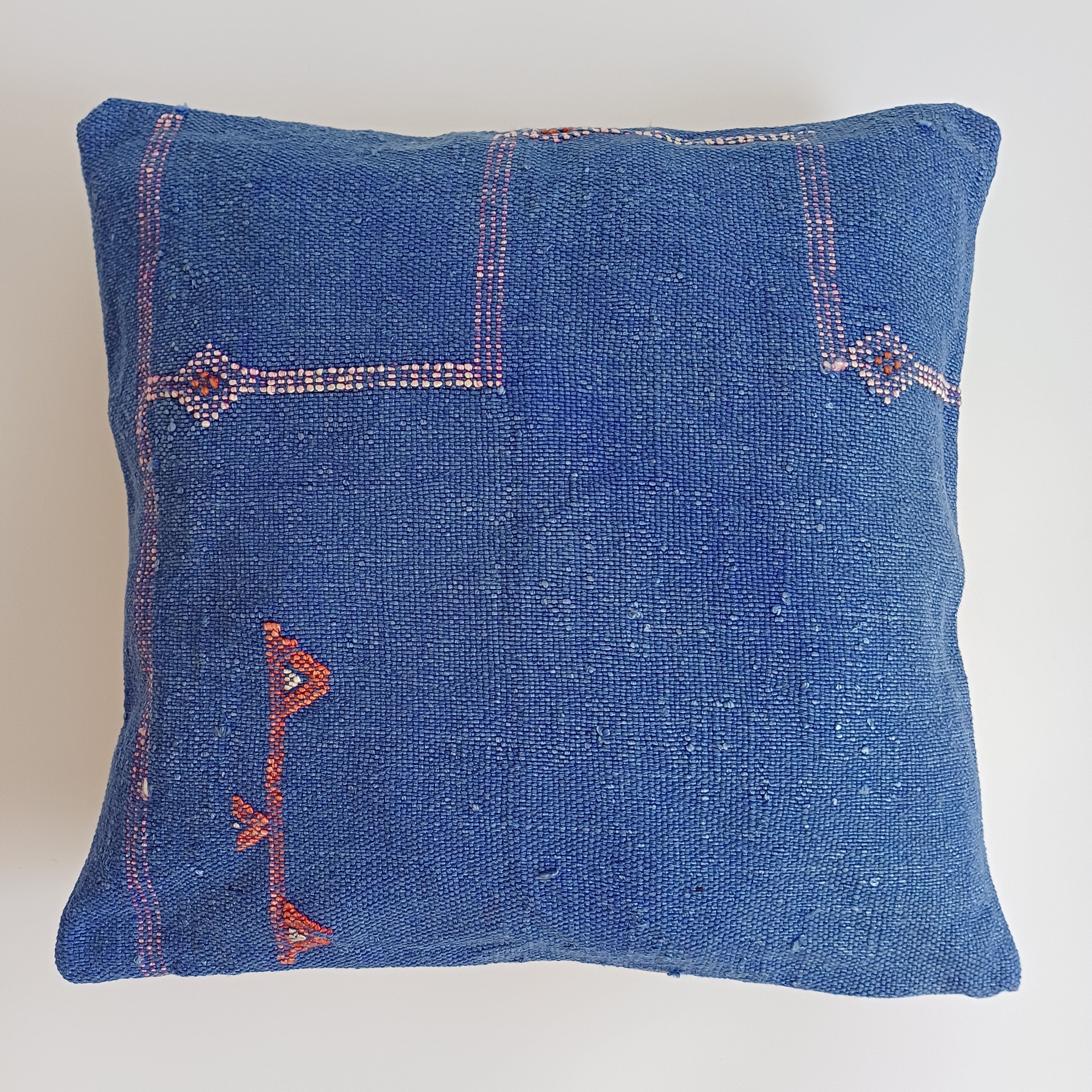 Moroccan Handmade Blue Cactus Silk Cushion Cover 16''x16'' / 40x40 CM