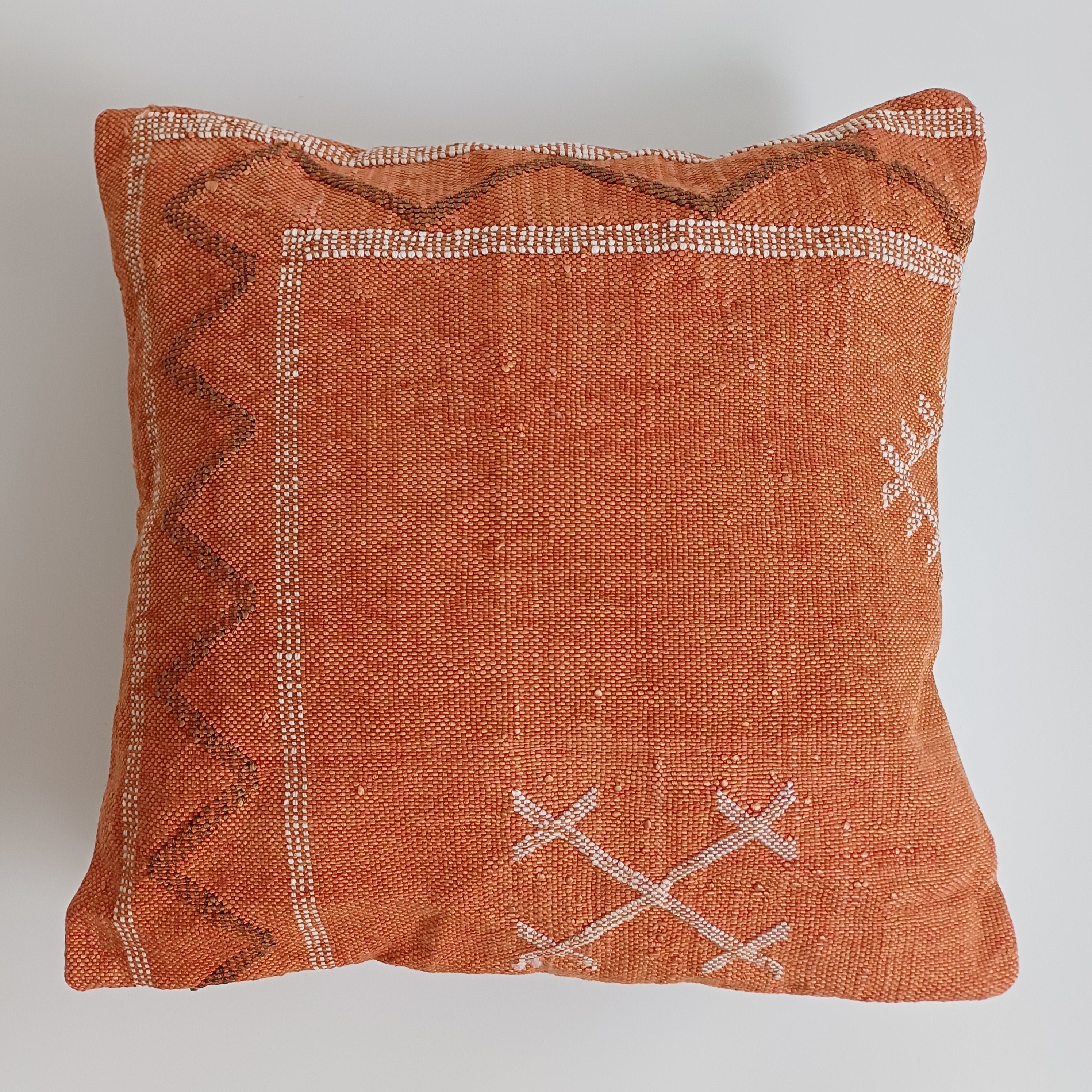 Moroccan Handmade Orange Cactus Silk Cushion Cover 16''x16'' / 40x40 CM