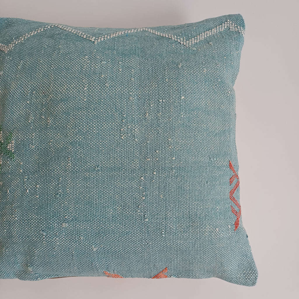 Moroccan Handmade Teal Blue Cactus Silk Cushion Cover 16''x16'' / 40x40 CM