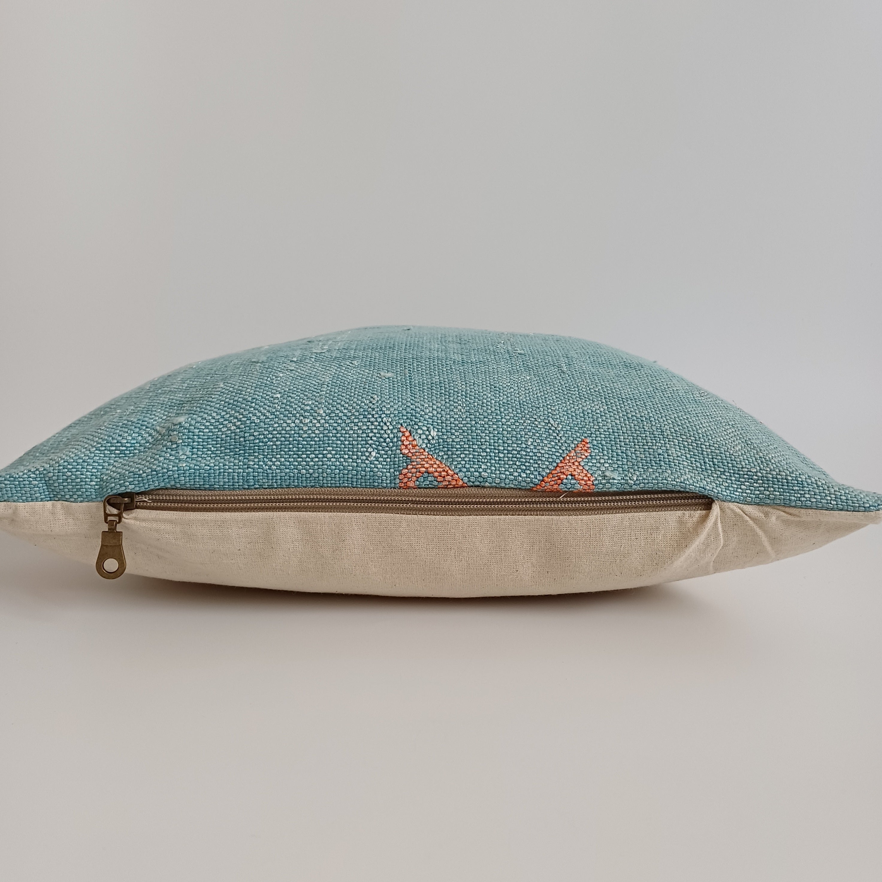 Moroccan Handmade Teal Blue Cactus Silk Cushion Cover 16''x16'' / 40x40 CM