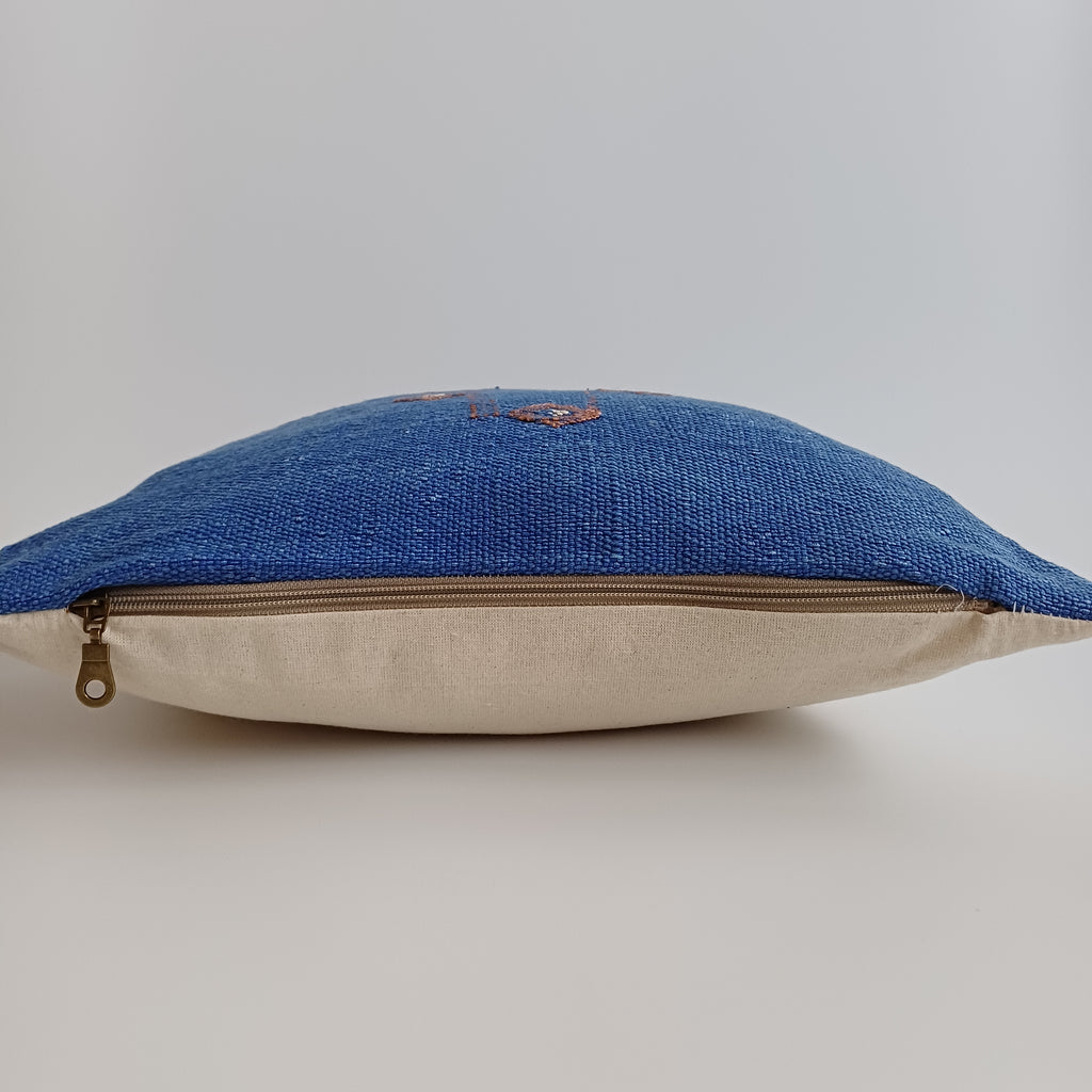 Moroccan Handmade Dark Blue Cactus Silk Cushion Cover 16''x16'' / 40x40 CM