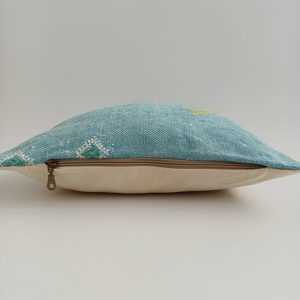Moroccan Handmade Teal Blue Cactus Silk Cushion Cover 16''x16'' / 40x40 CM