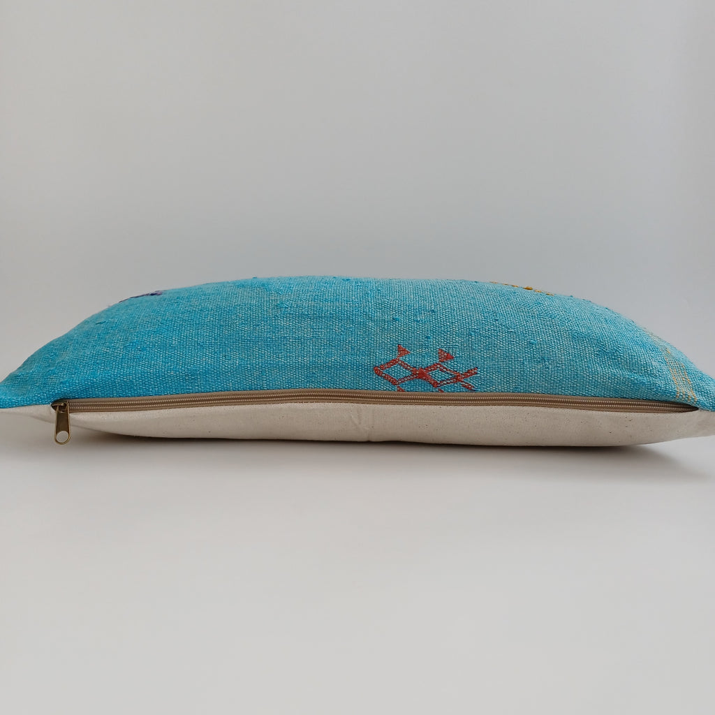 Moroccan Handmade Blue Cactus Silk Cushion Cover 24''x12'' / 60x30 CM