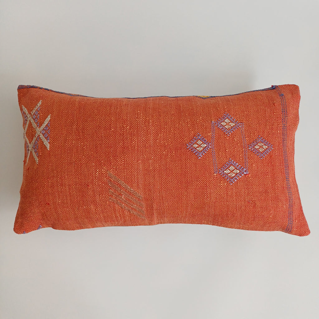 Moroccan Handmade Orange Red Cactus Silk Cushion Cover 24''x12'' / 60x30 CM