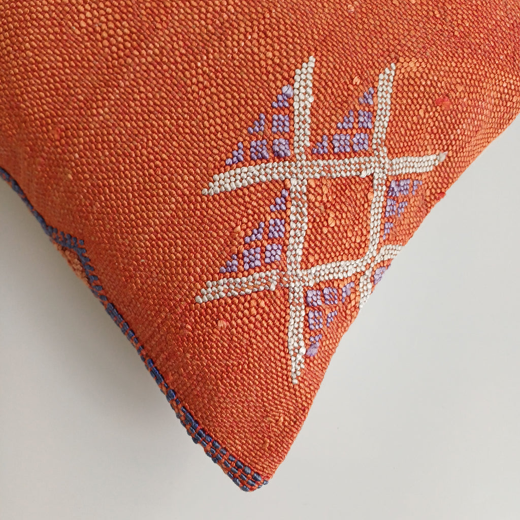 Moroccan Handmade Orange Red Cactus Silk Cushion Cover 24''x12'' / 60x30 CM