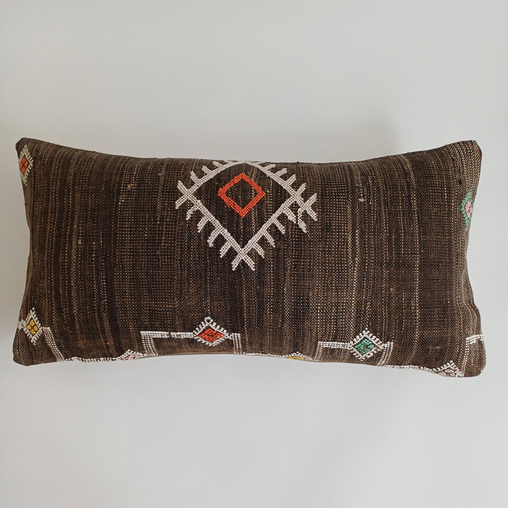 Moroccan Handmade Charcoal Brown Cactus Silk Cushion Cover 24''x12'' / 60x30 CM