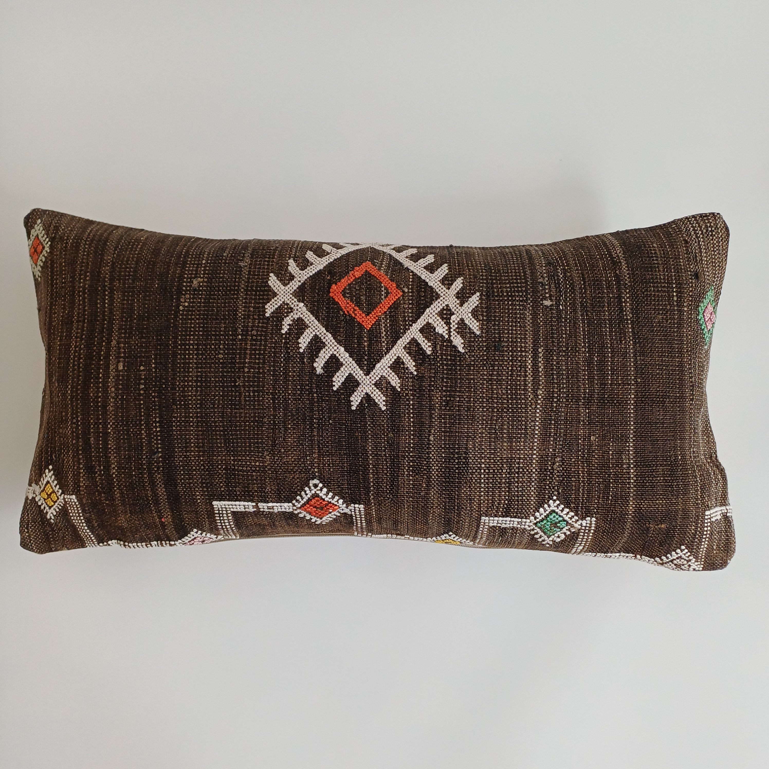 Moroccan Handmade Charcoal Brown Cactus Silk Cushion Cover 24''x12'' / 60x30 CM