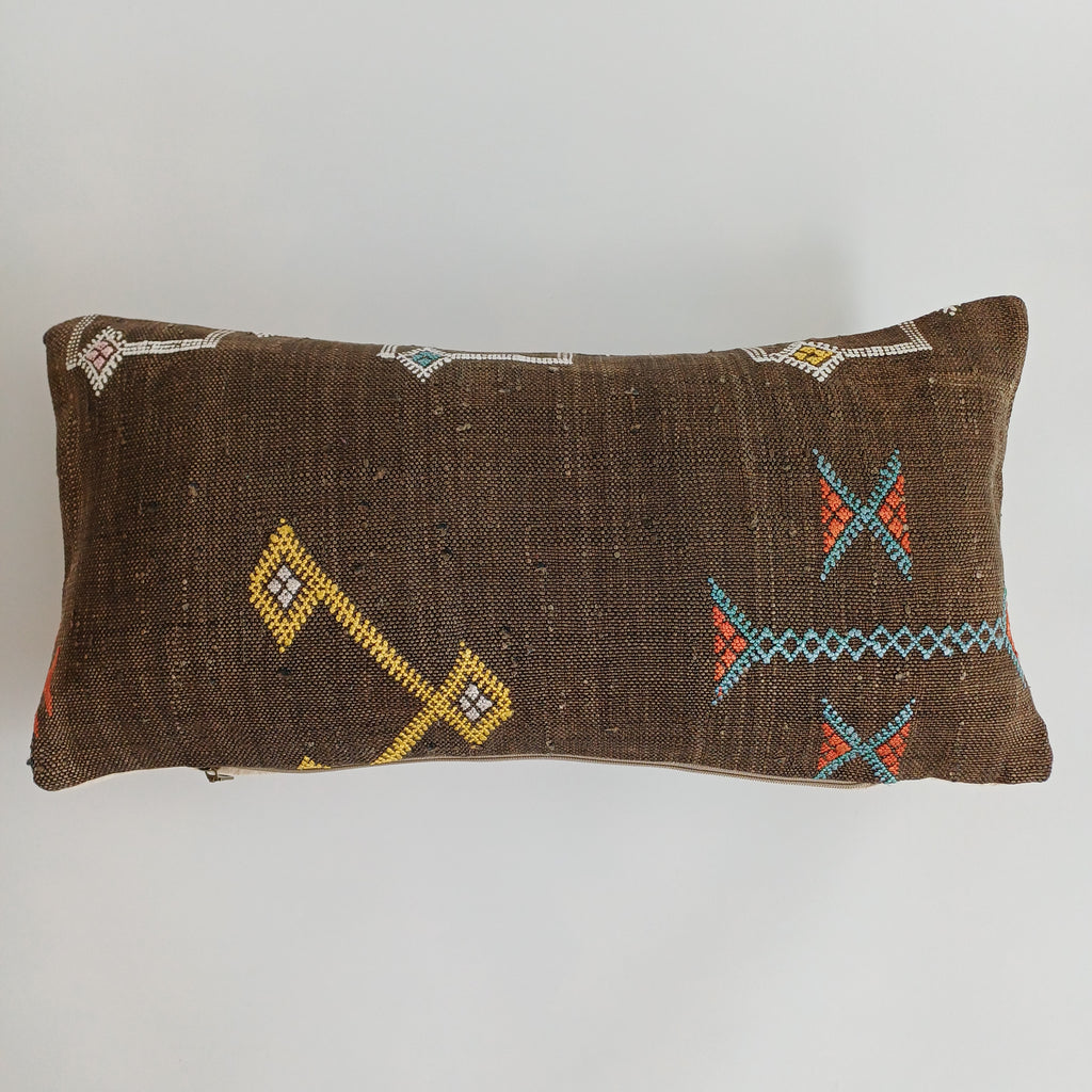 Moroccan Handmade Charcoal Brown Cactus Silk Cushion Cover 24''x12'' / 60x30 CM