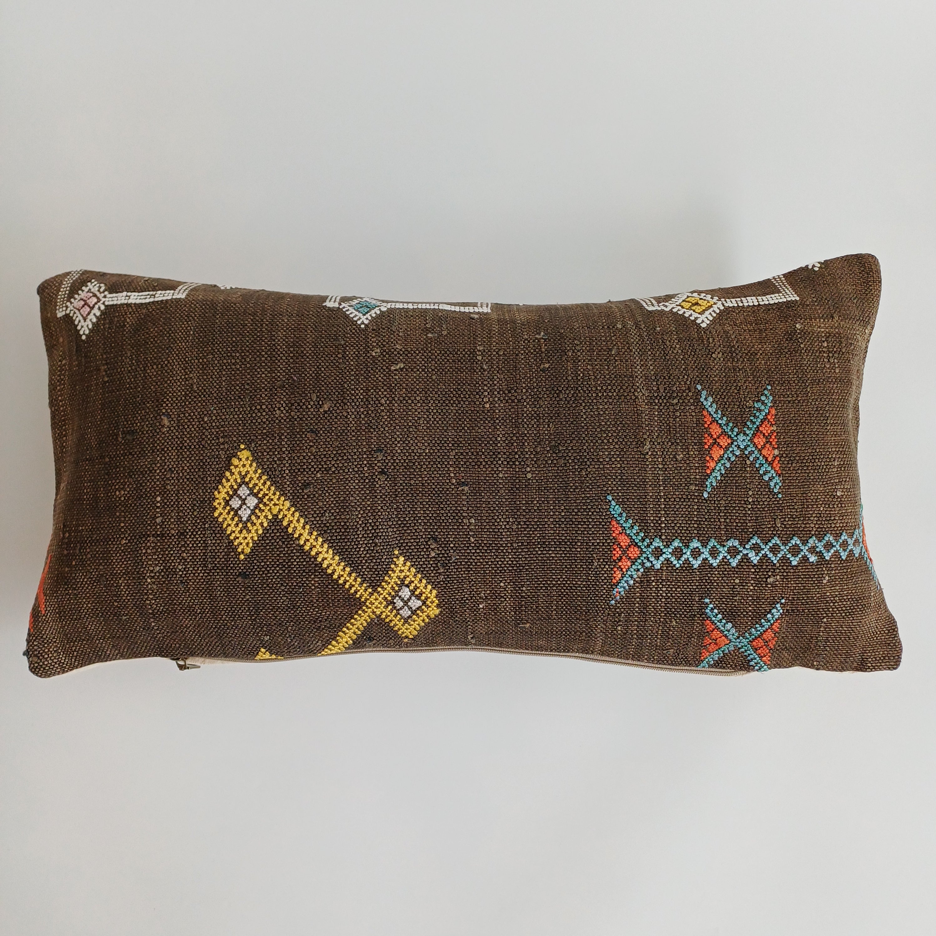 Moroccan Handmade Charcoal Brown Cactus Silk Cushion Cover 24''x12'' / 60x30 CM