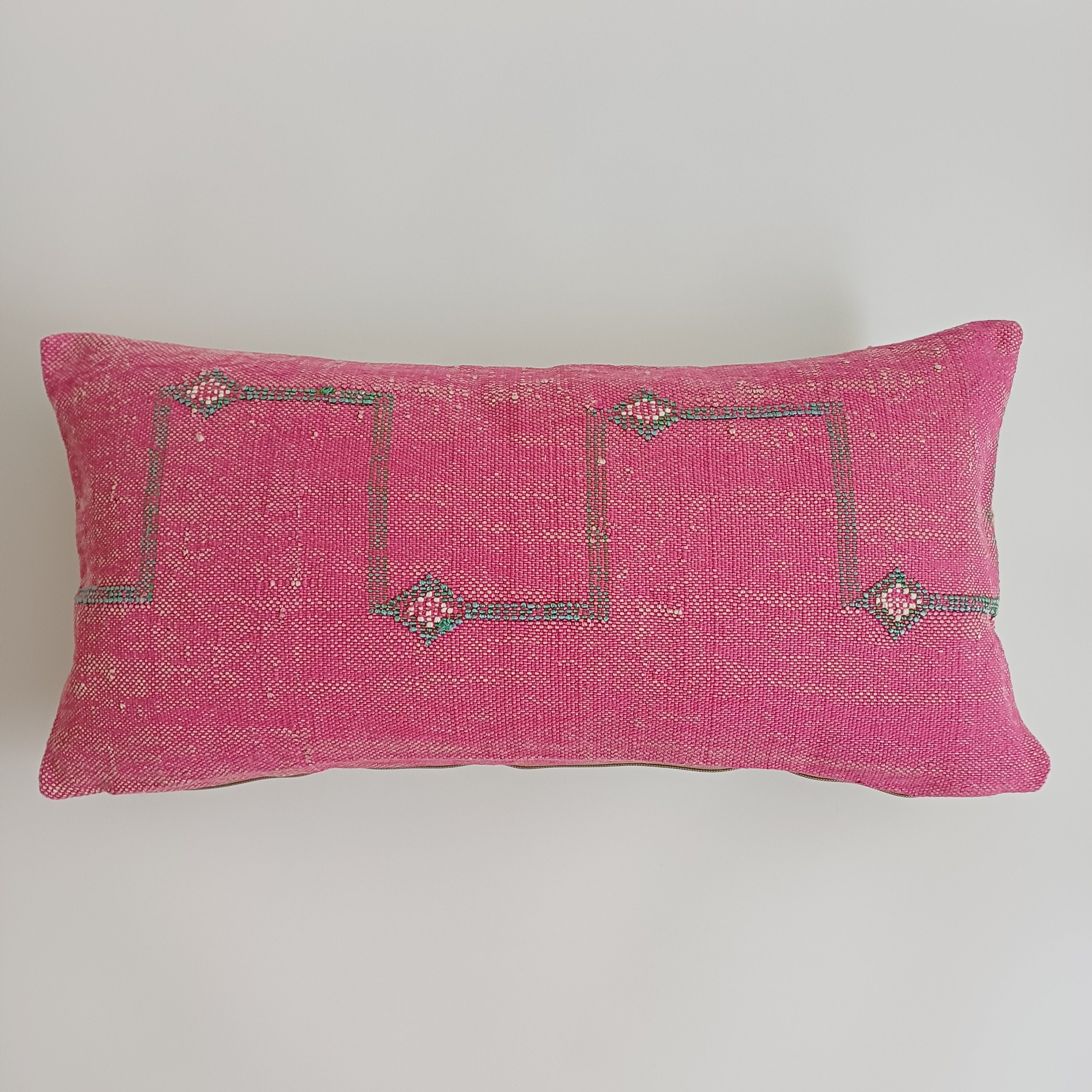 Moroccan Handmade Pink Cactus Silk Cushion Cover 24''x12'' / 60x30 CM