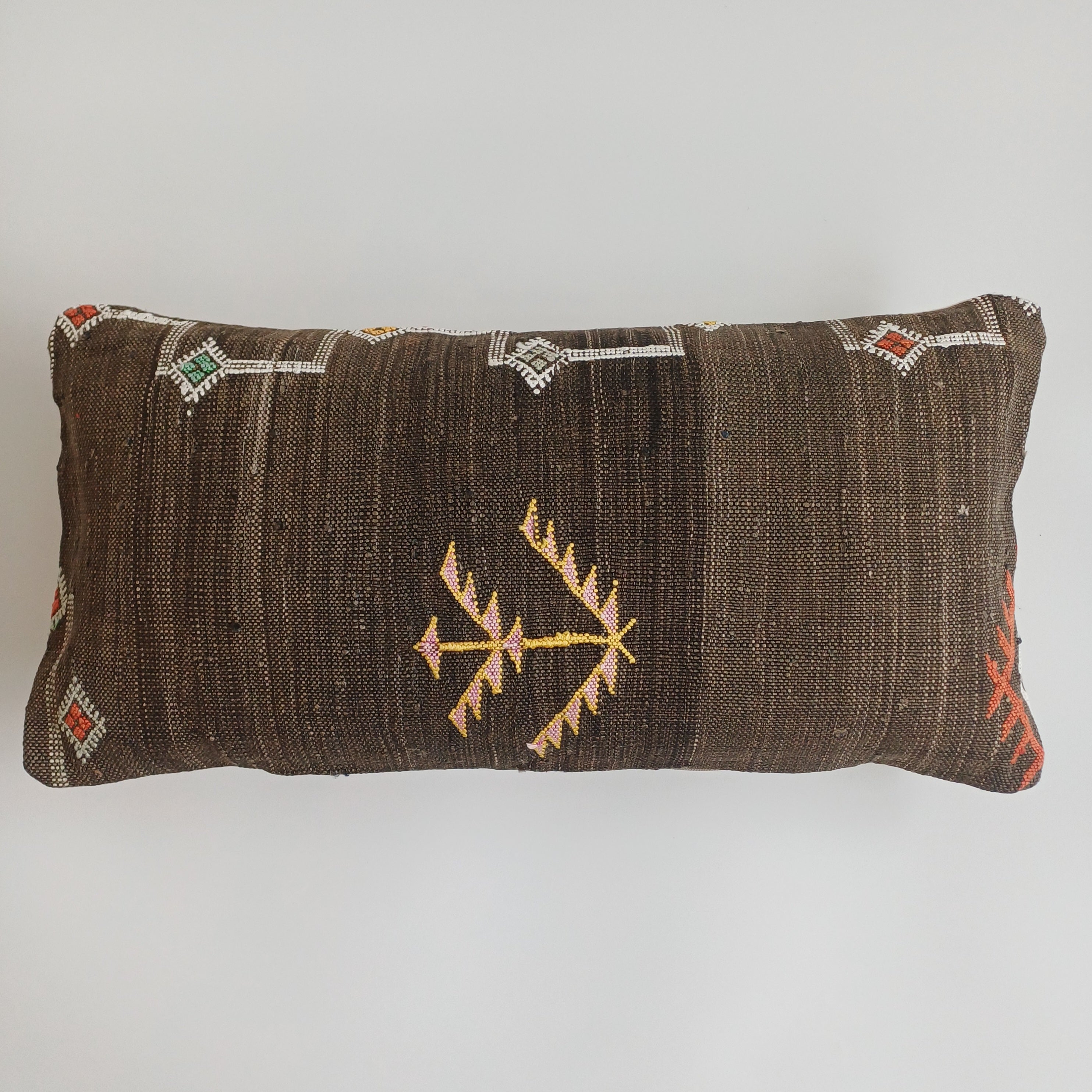 Moroccan Handmade Charcoal Brown Cactus Silk Cushion Cover 24''x12'' / 60x30 CM
