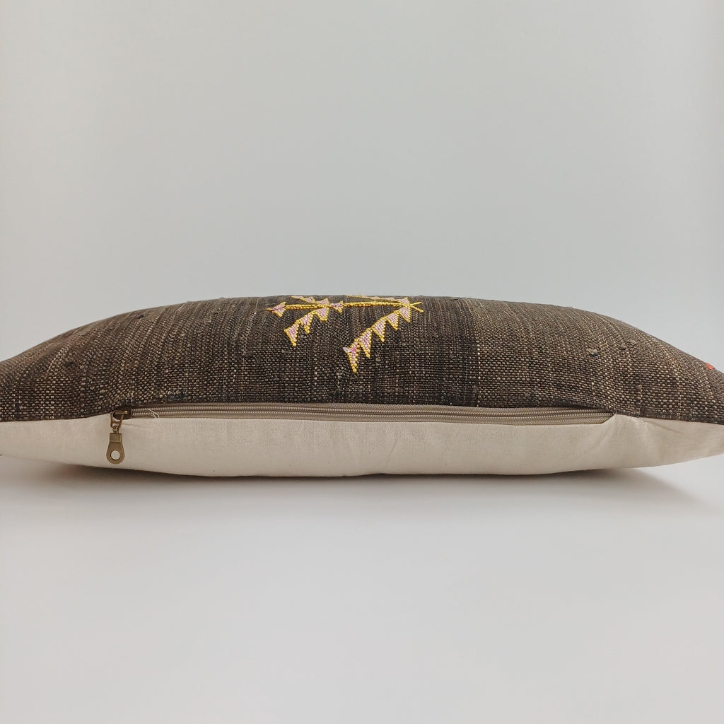 Moroccan Handmade Charcoal Brown Cactus Silk Cushion Cover 24''x12'' / 60x30 CM