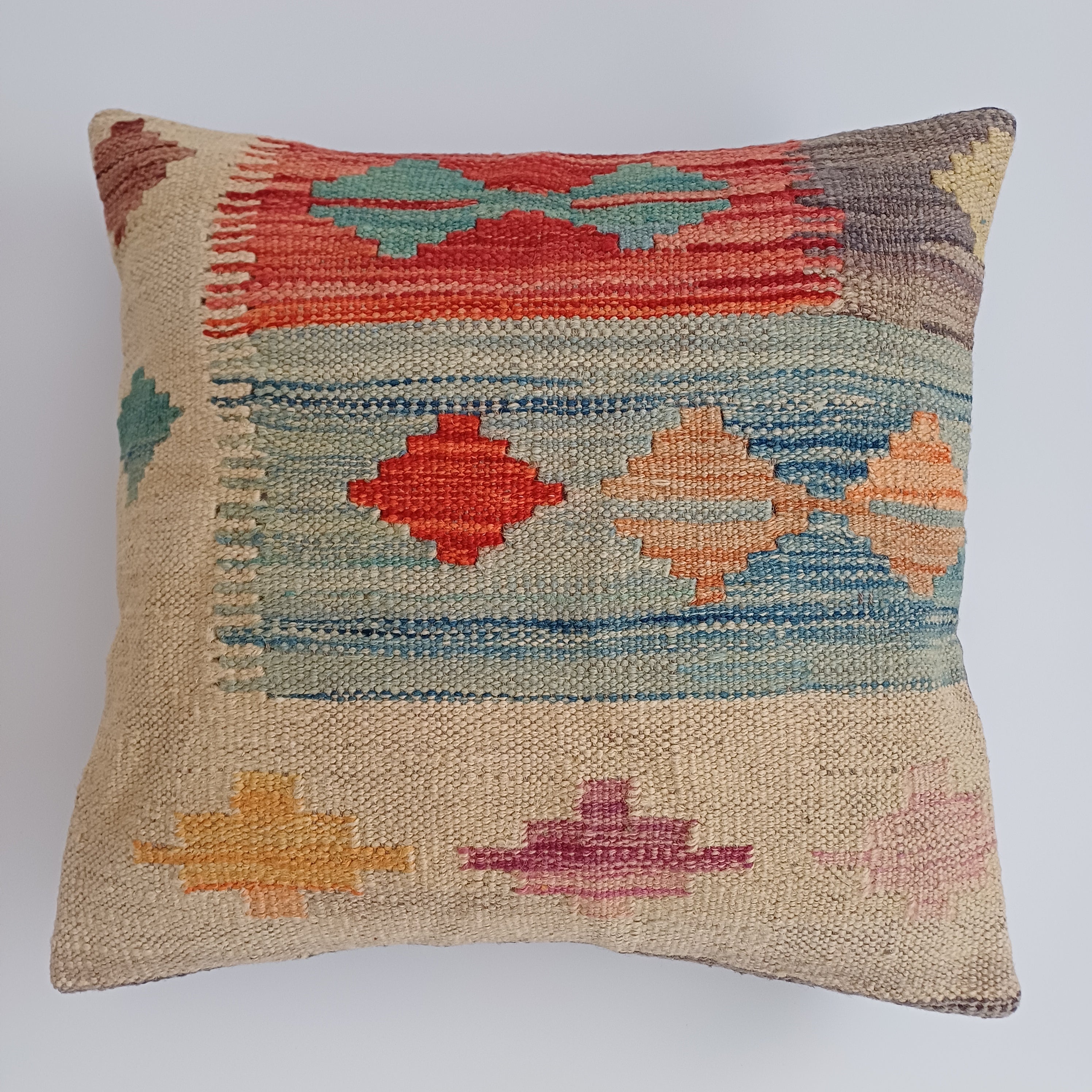 Afghan Handmade Multicoloured Kilim Cushion Cover 16''x16'' / 44x41 CM