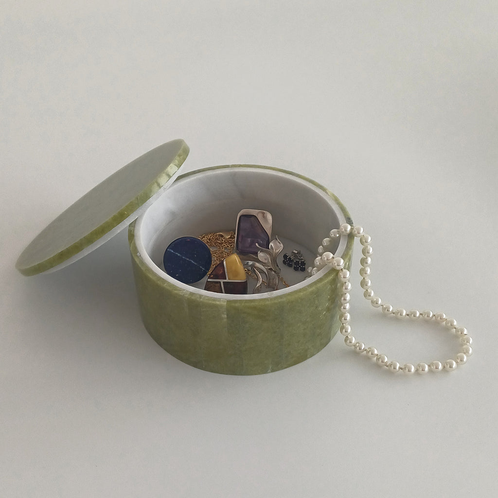 Afghan Handmade Serpentine & White Marble Jewellery Box 11.4x11.4 CM