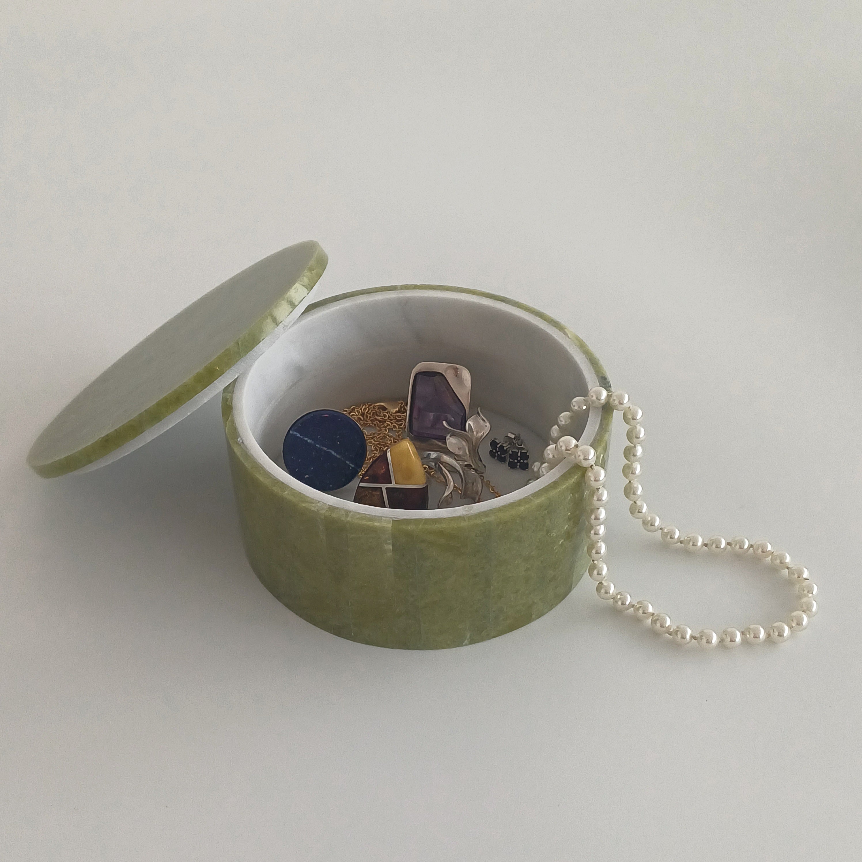 Afghan Handmade Serpentine & White Marble Jewellery Box 11.4x11.4 CM