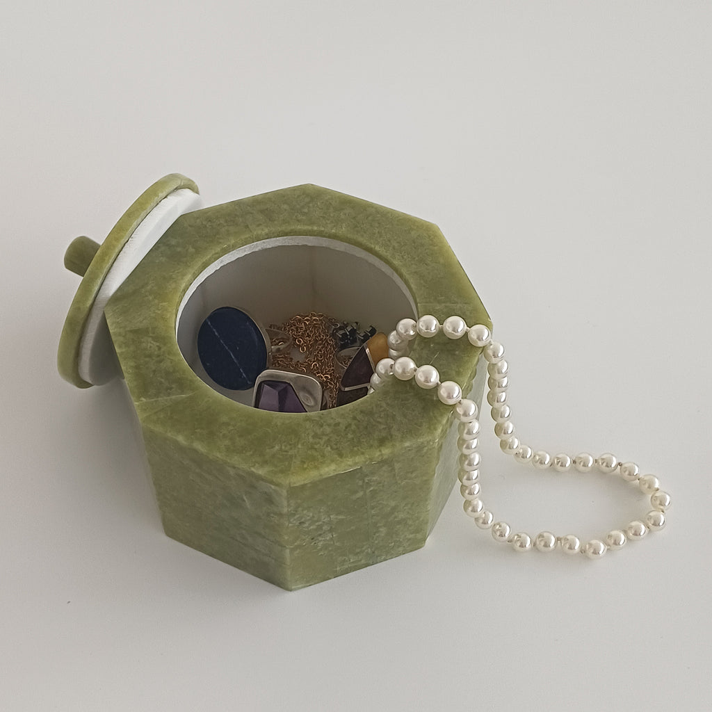 Afghan Handmade Serpentine & White Marble Jewellery Box 9.7x9.7 CM