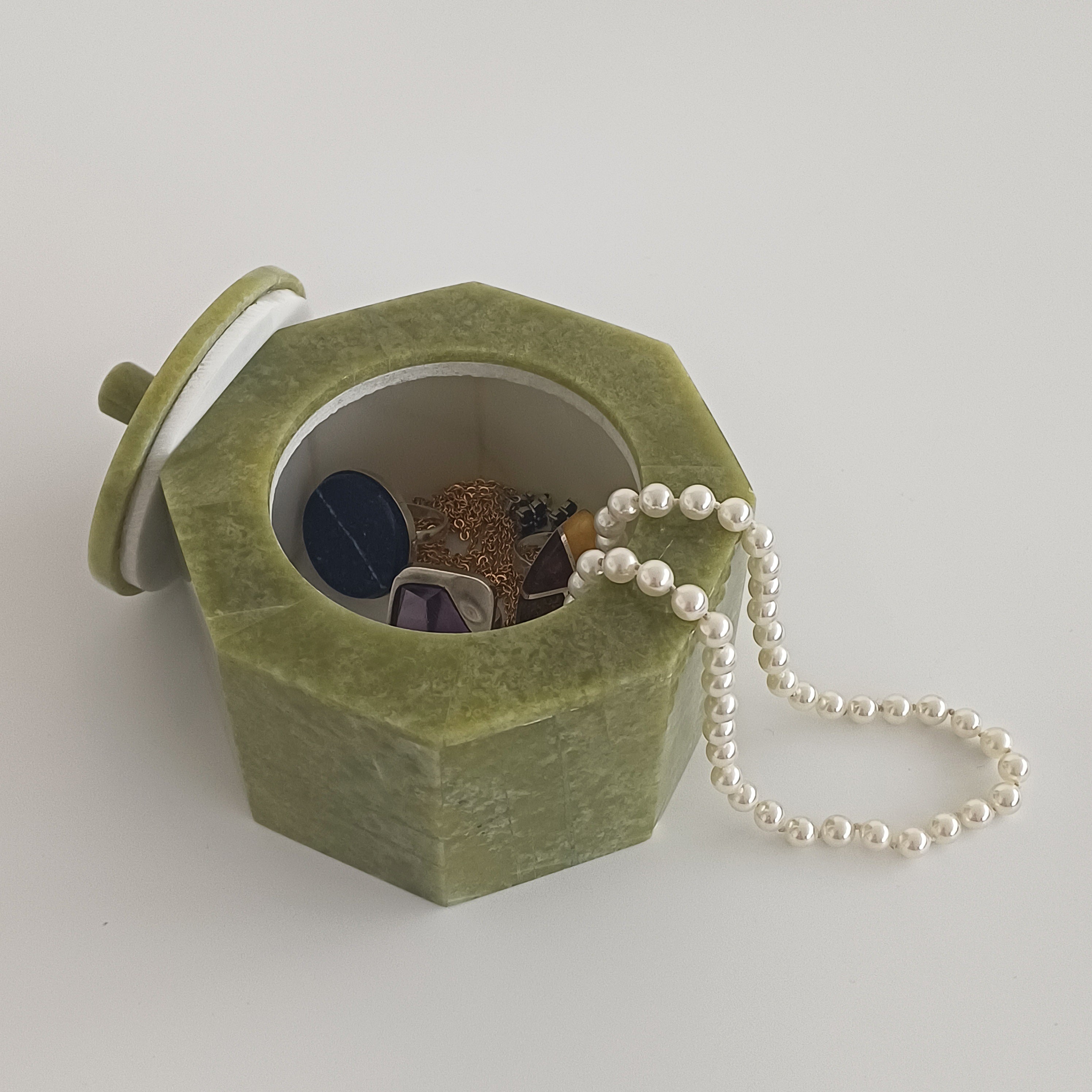 Afghan Handmade Serpentine & White Marble Jewellery Box 9.7x9.7 CM