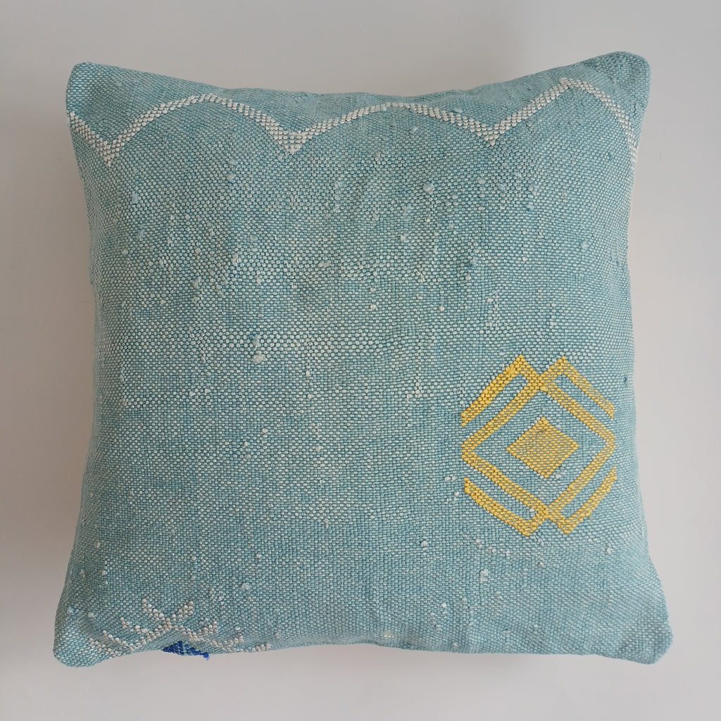 Moroccan Handmade Teal Blue Cactus Silk Cushion Cover 16''x16'' / 40x40 CM