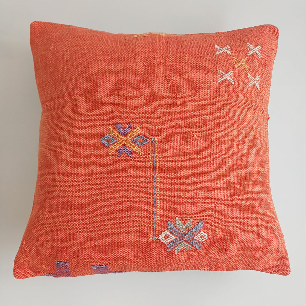 Moroccan Handmade Red Orange Cactus Silk Cushion Cover 16''x16'' / 40x40 CM
