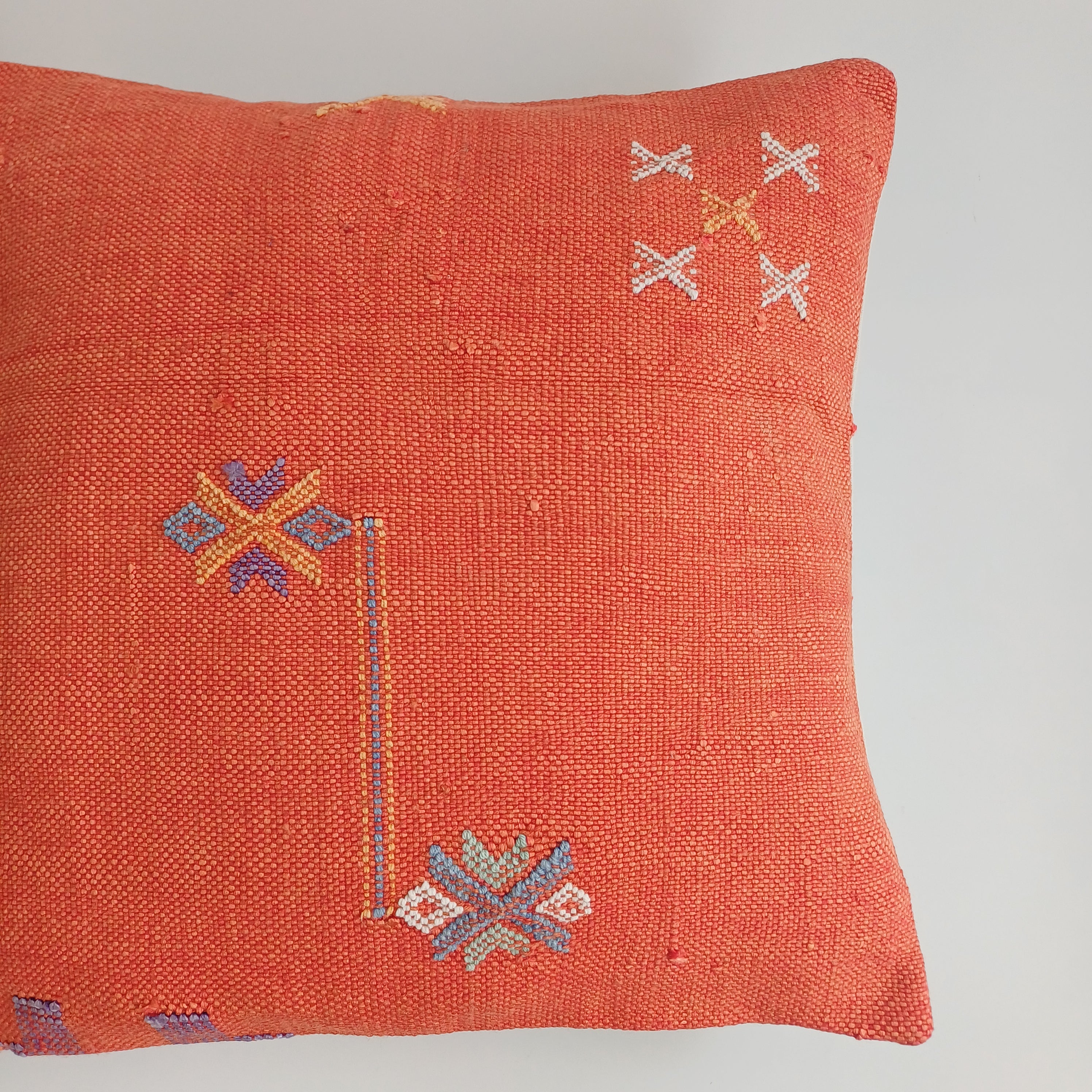 Moroccan Handmade Red Orange Cactus Silk Cushion Cover 16''x16'' / 40x40 CM