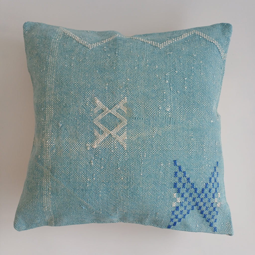 Moroccan Handmade Teal Blue Cactus Silk Cushion Cover 16''x16'' / 40x40 CM