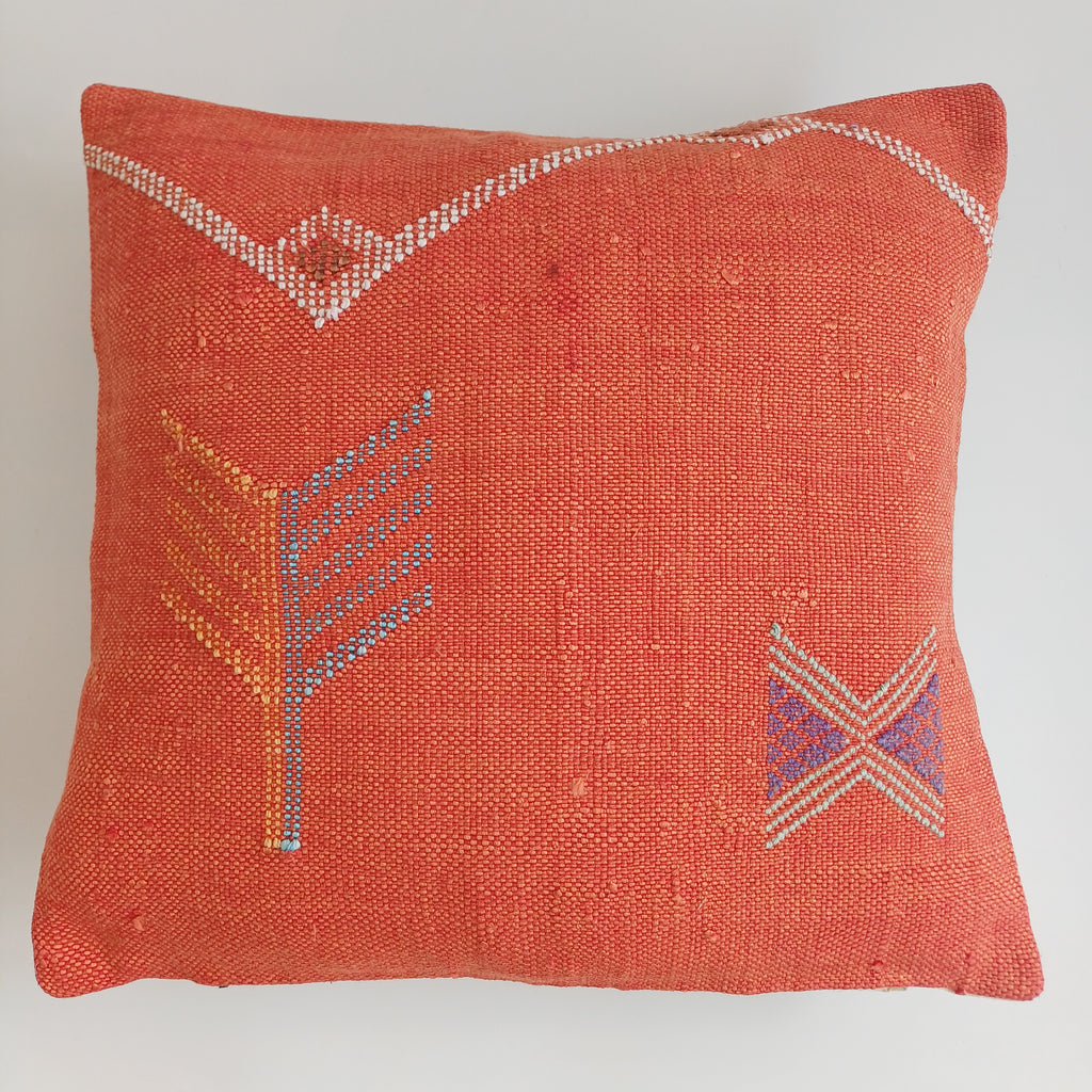 Moroccan Handmade Red Orange Cactus Silk Cushion Cover 16''x16'' / 40x40 CM