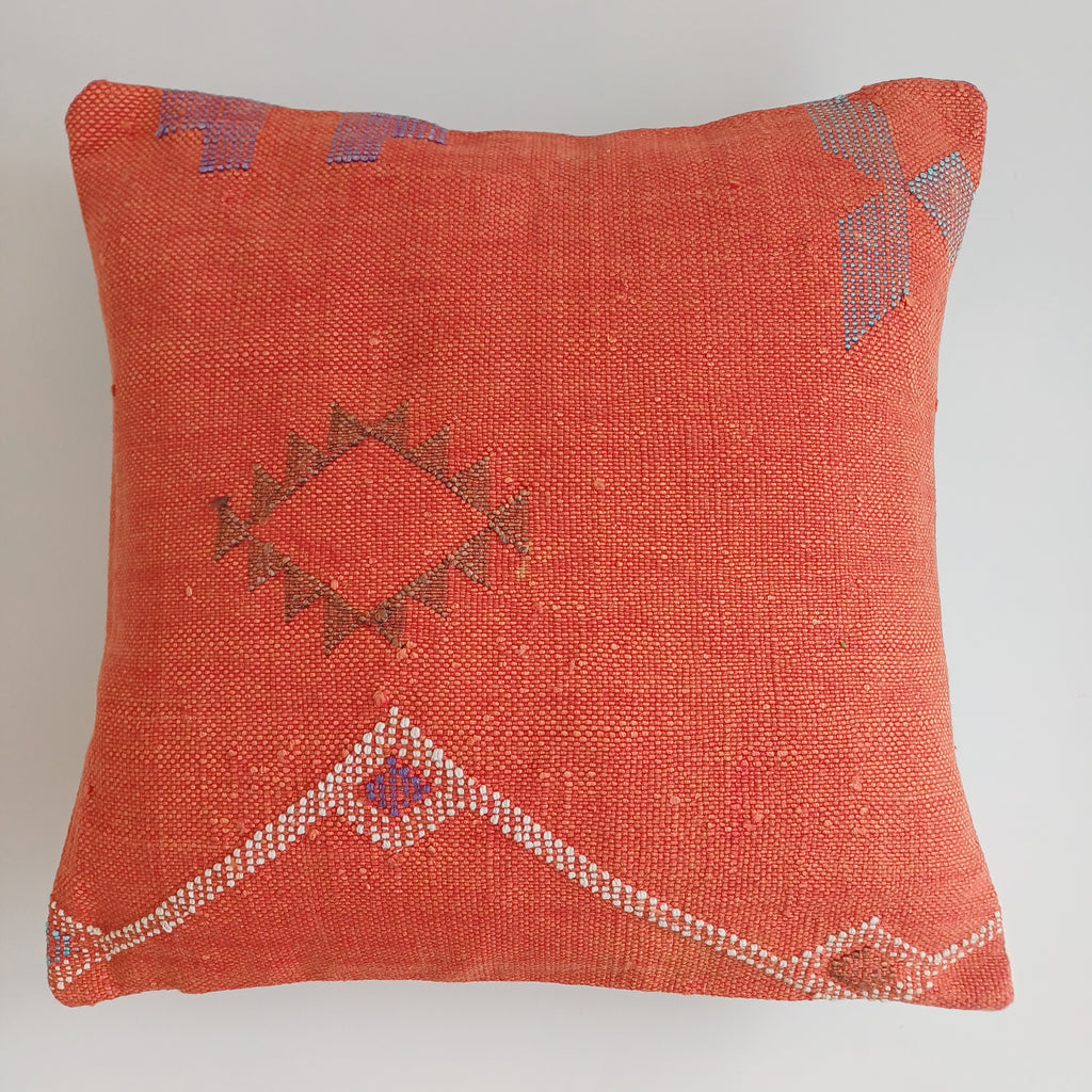 Moroccan Handmade Red Orange Cactus Silk Cushion Cover 16''x16'' / 40x40 CM
