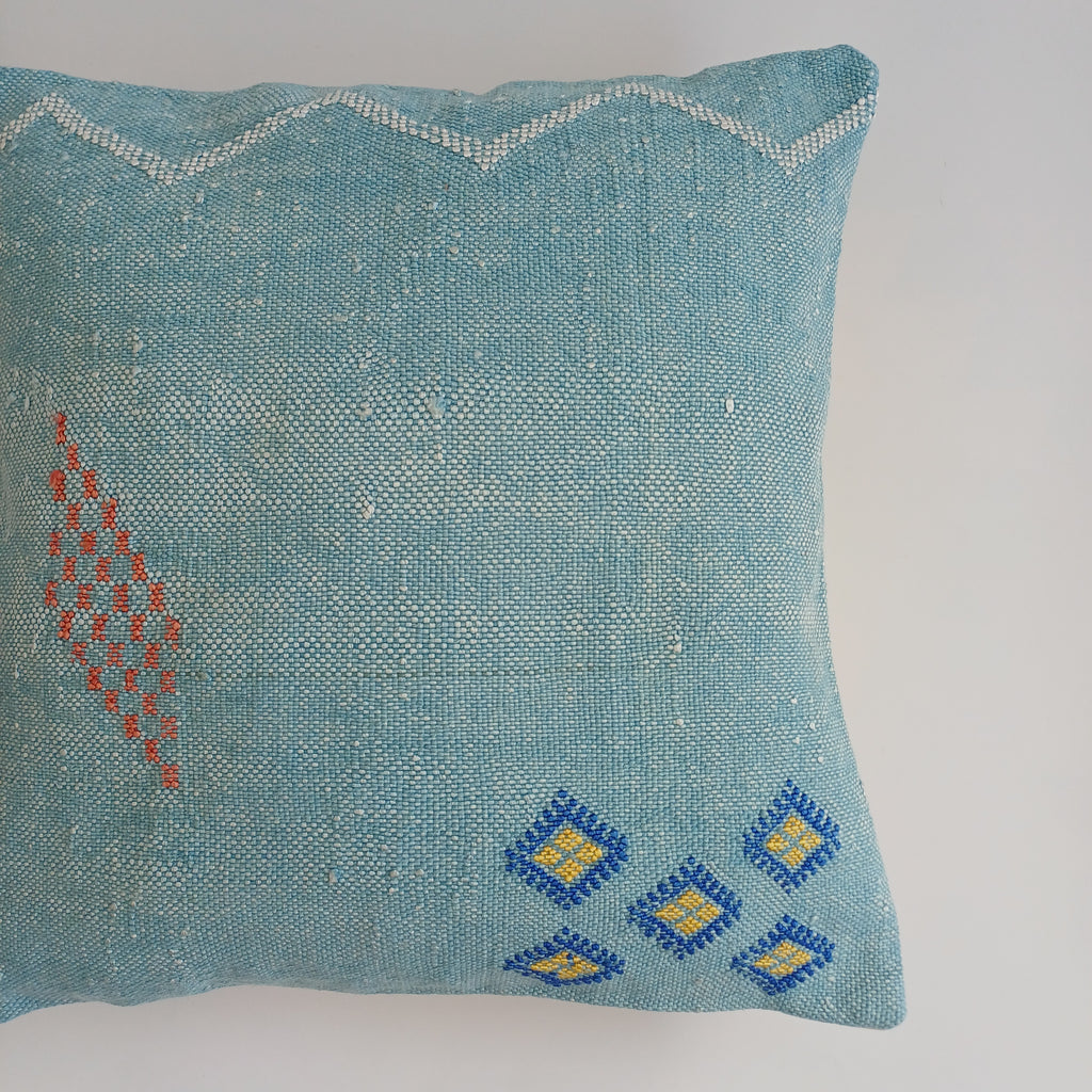 Moroccan Handmade Teal Blue Cactus Silk Cushion Cover 16''x16'' / 40x40 CM