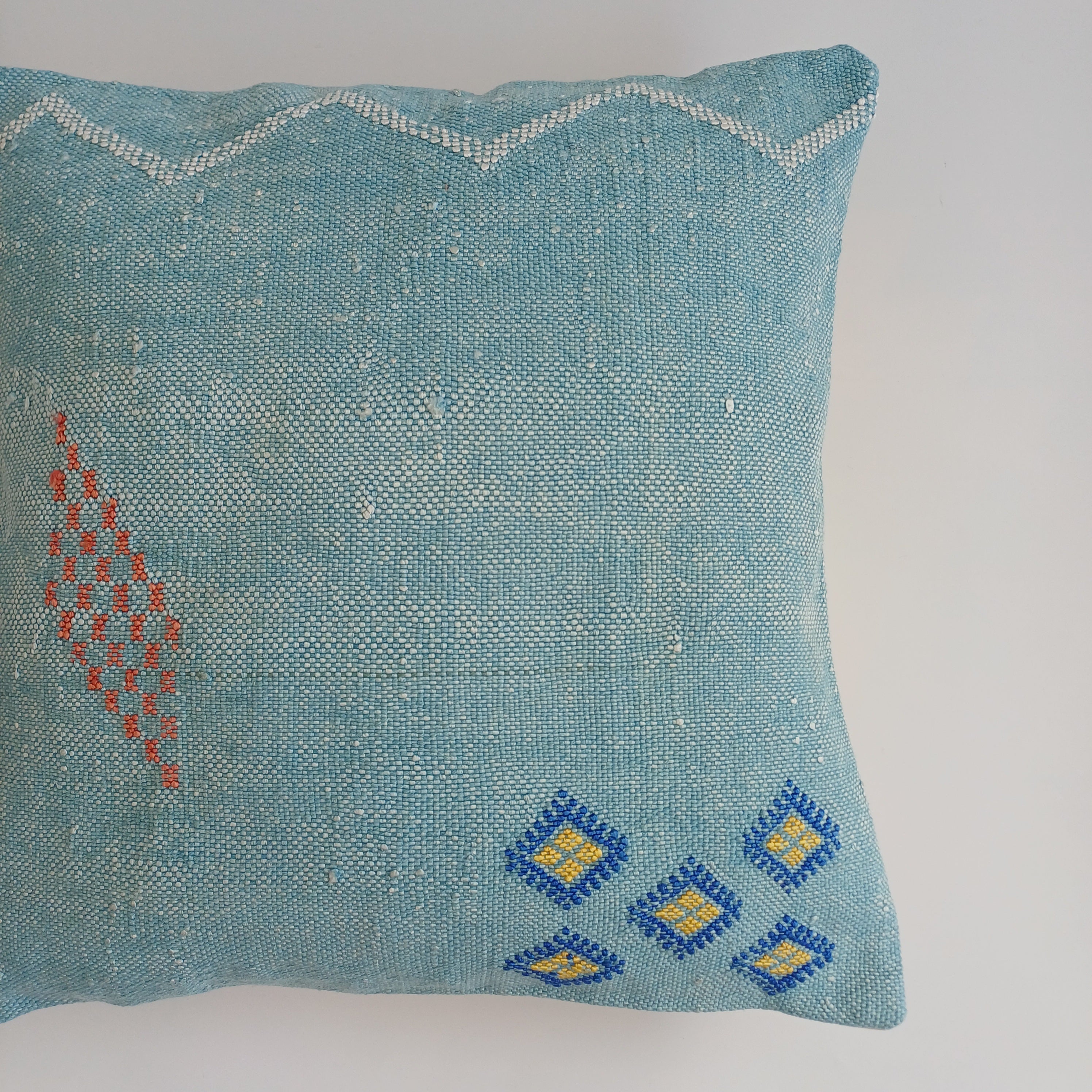 Moroccan Handmade Teal Blue Cactus Silk Cushion Cover 16''x16'' / 40x40 CM
