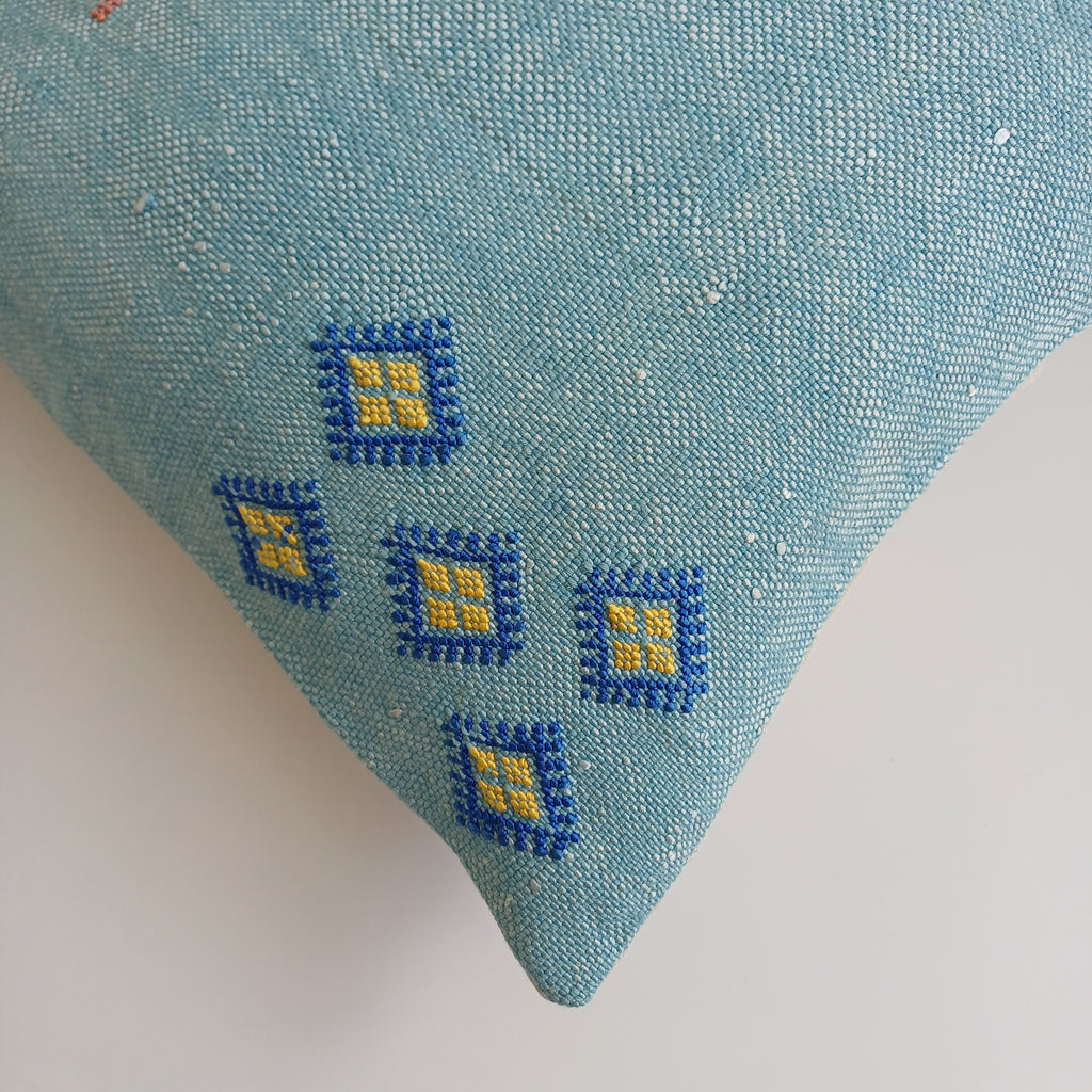 Moroccan Handmade Teal Blue Cactus Silk Cushion Cover 16''x16'' / 40x40 CM