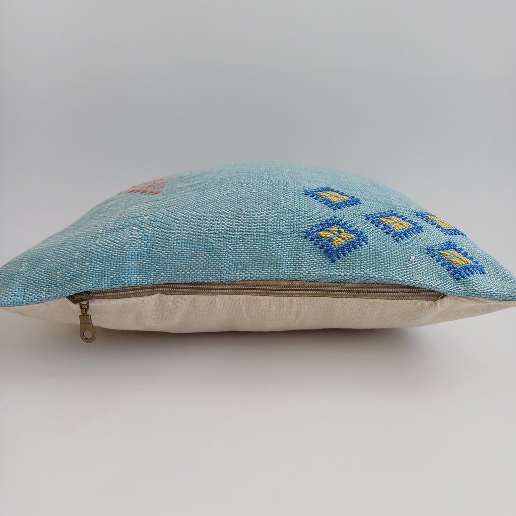 Moroccan Handmade Teal Blue Cactus Silk Cushion Cover 16''x16'' / 40x40 CM
