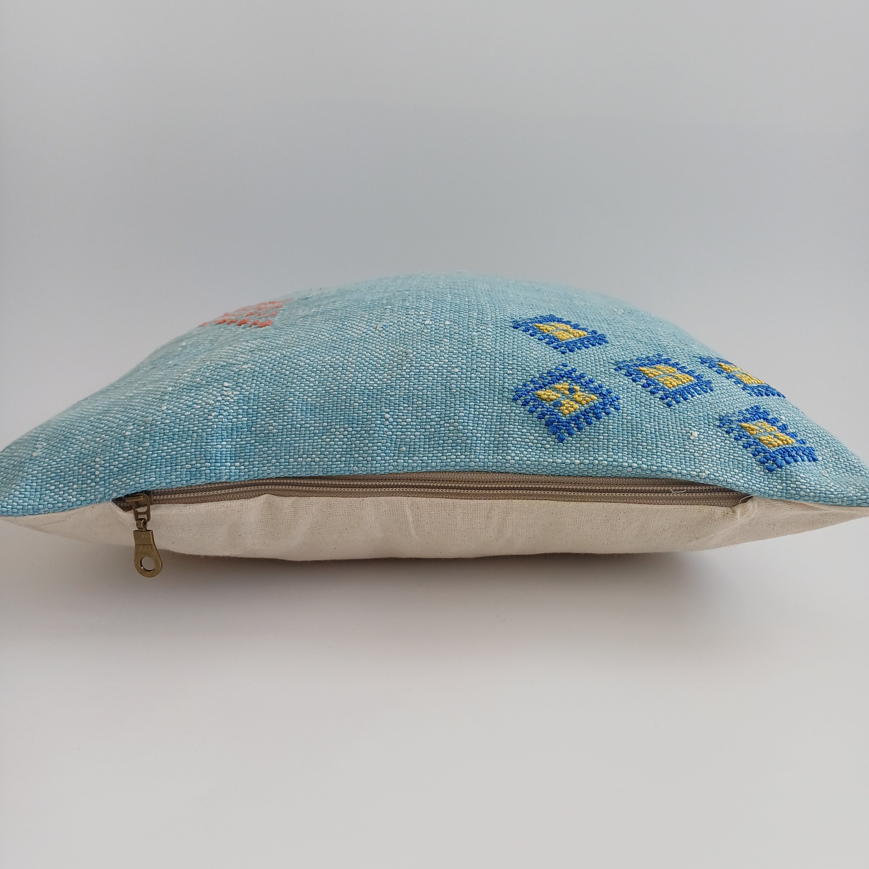 Moroccan Handmade Teal Blue Cactus Silk Cushion Cover 16''x16'' / 40x40 CM