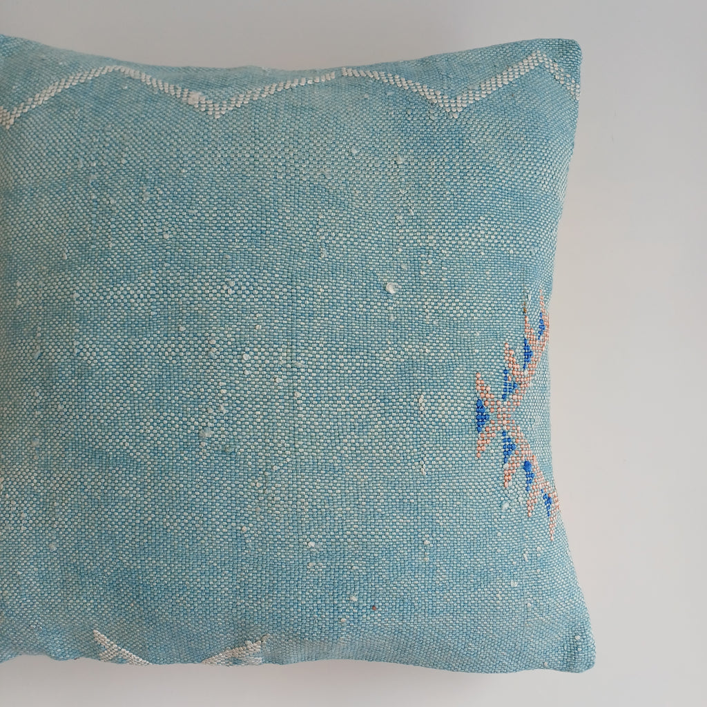 Moroccan Handmade Teal Blue Cactus Silk Cushion Cover 16''x16'' / 40x40 CM