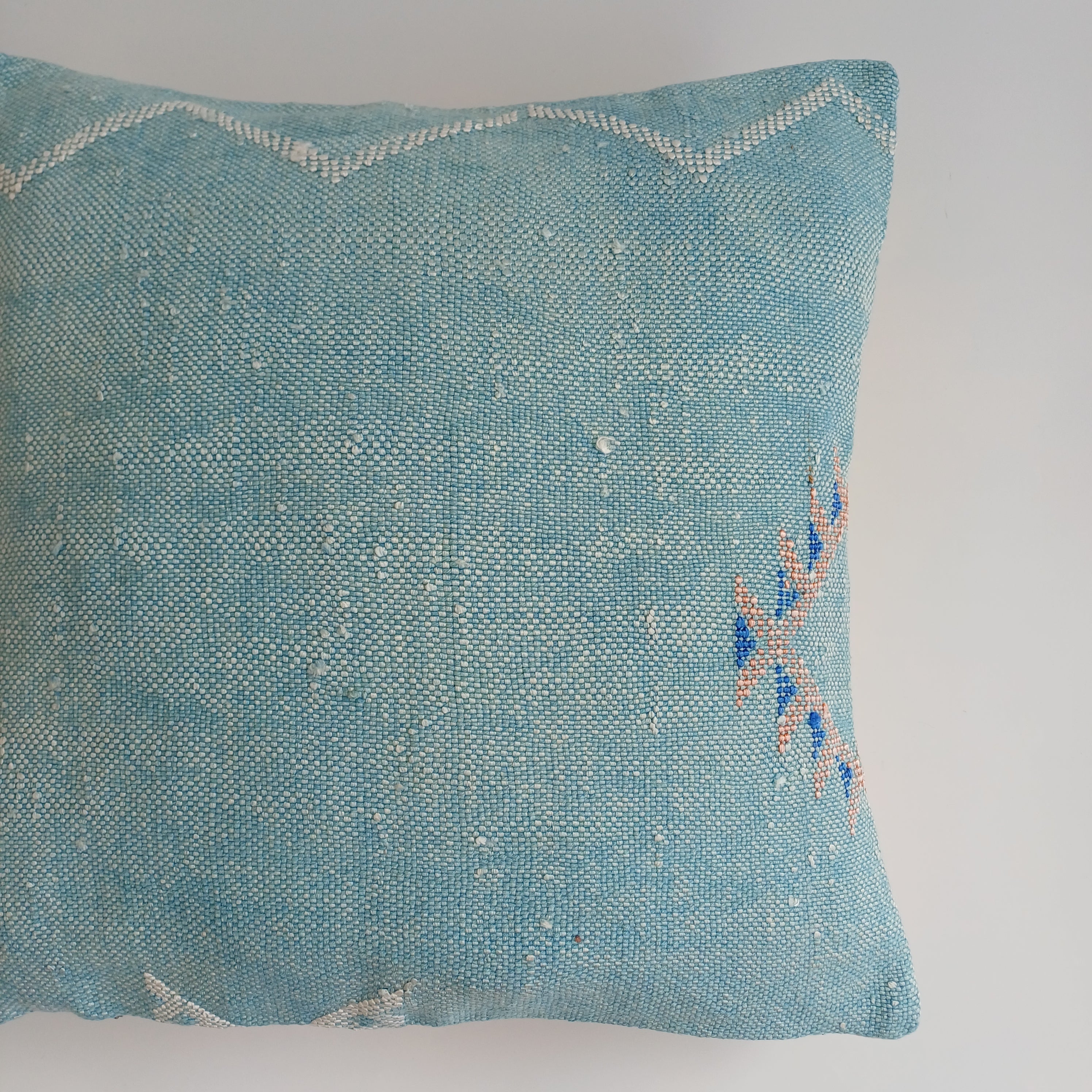 Moroccan Handmade Teal Blue Cactus Silk Cushion Cover 16''x16'' / 40x40 CM