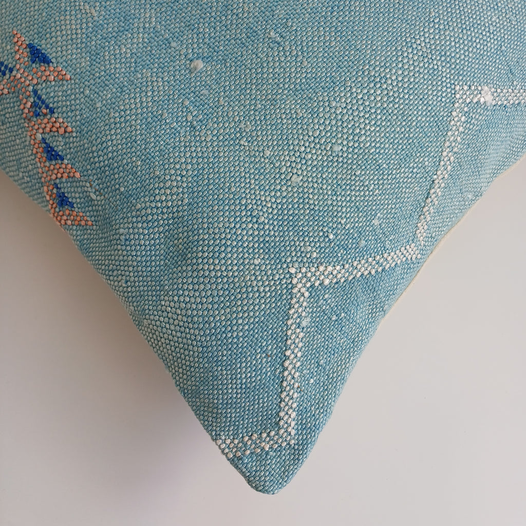 Moroccan Handmade Teal Blue Cactus Silk Cushion Cover 16''x16'' / 40x40 CM