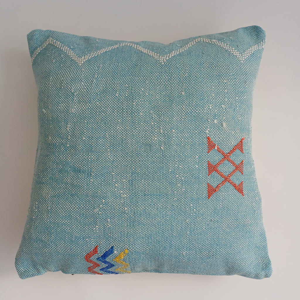 Moroccan Handmade Teal Blue Cactus Silk Cushion Cover 16''x16'' / 40x40 CM