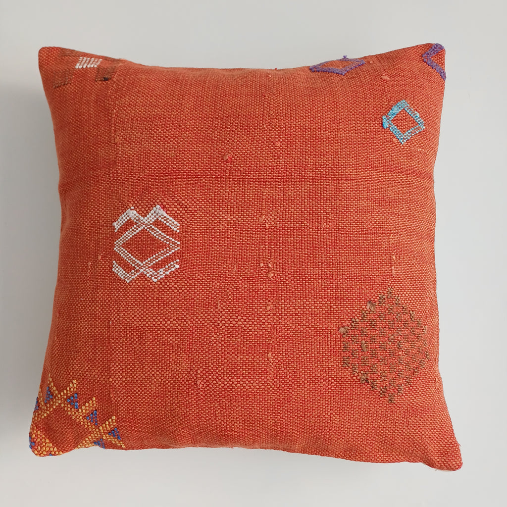 Moroccan Handmade Red Orange Cactus Silk Cushion Cover 16''x16'' / 40x40 CM