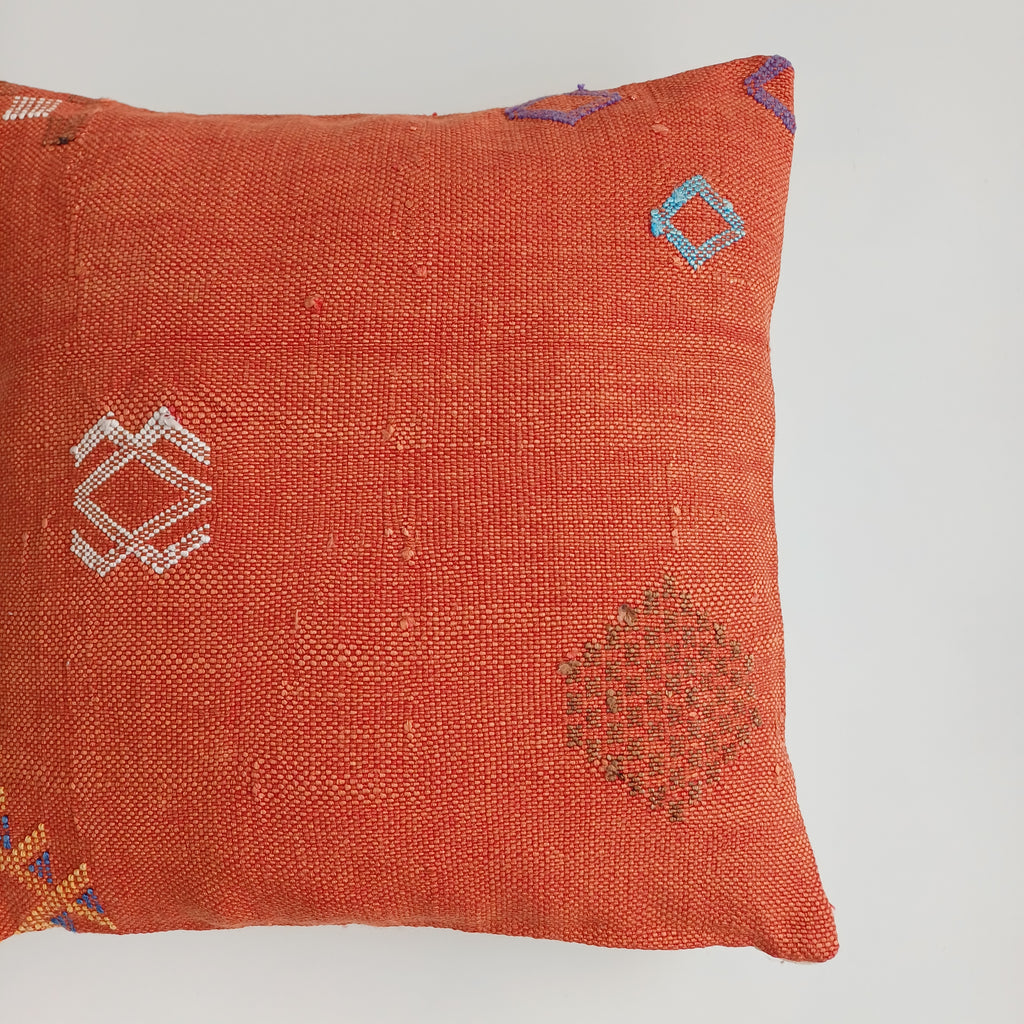 Moroccan Handmade Red Orange Cactus Silk Cushion Cover 16''x16'' / 40x40 CM