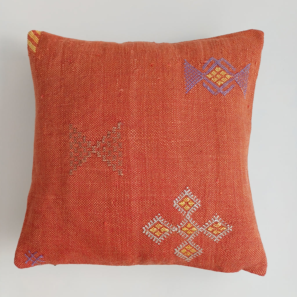 Moroccan Handmade Red Orange Cactus Silk Cushion Cover 16''x16'' / 40x40 CM