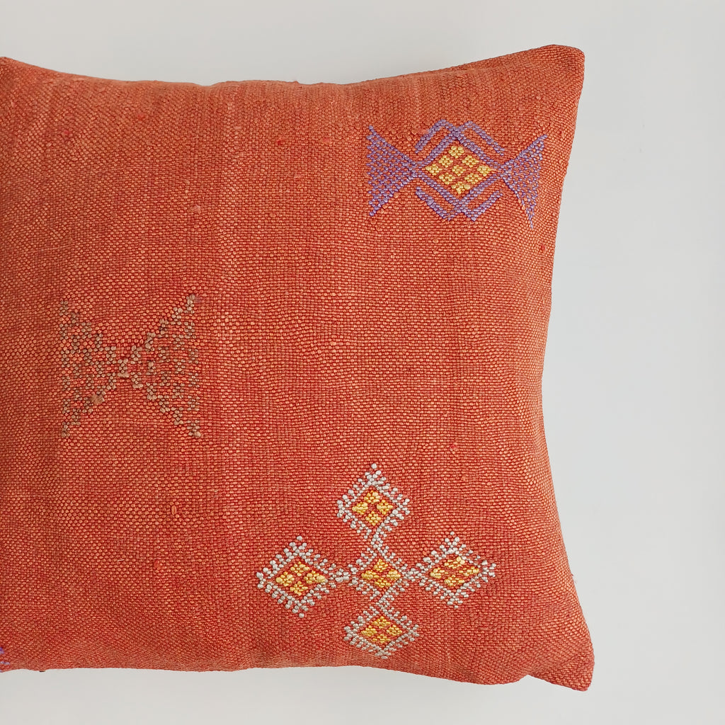 Moroccan Handmade Red Orange Cactus Silk Cushion Cover 16''x16'' / 40x40 CM