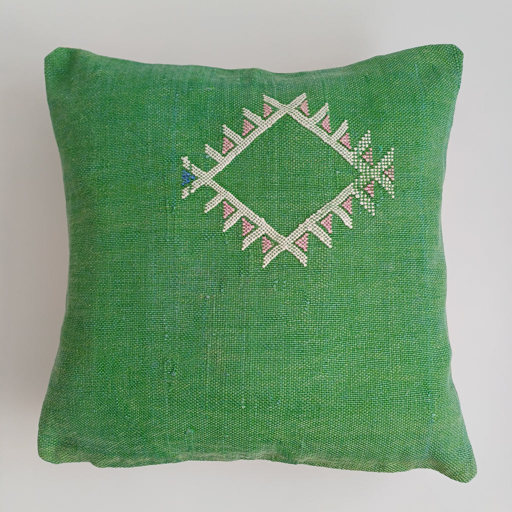 Moroccan Handmade Green Cactus Silk Cushion Cover 16''x16'' / 40x40 CM