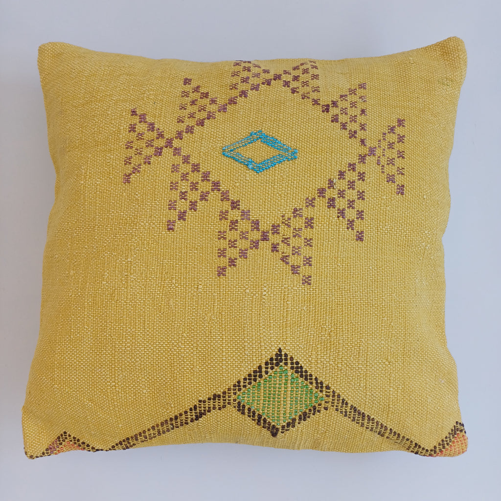 Moroccan Handmade Yellow Cactus Silk Cushion Cover 16''x16'' / 40x40 CM