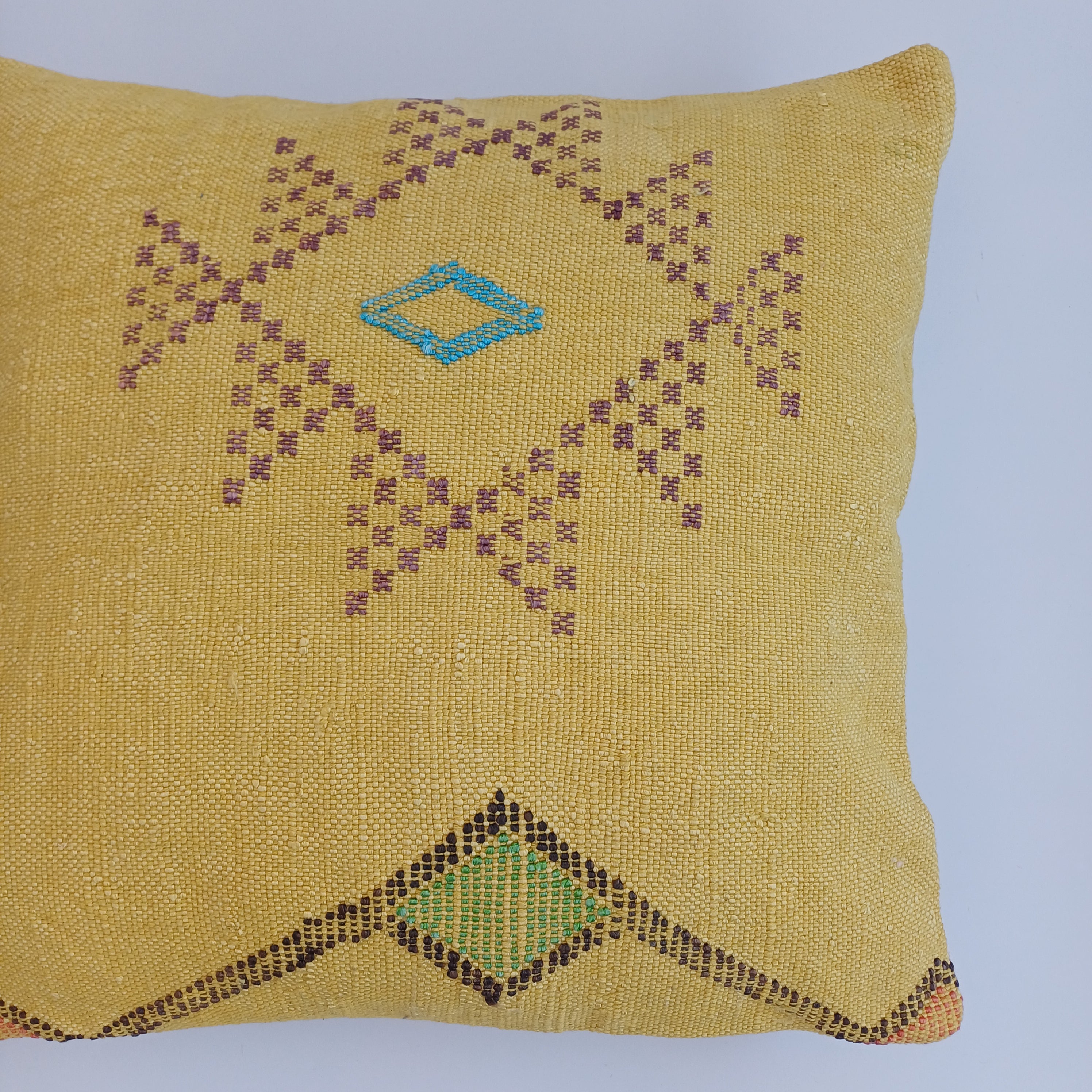 Moroccan Handmade Yellow Cactus Silk Cushion Cover 16''x16'' / 40x40 CM
