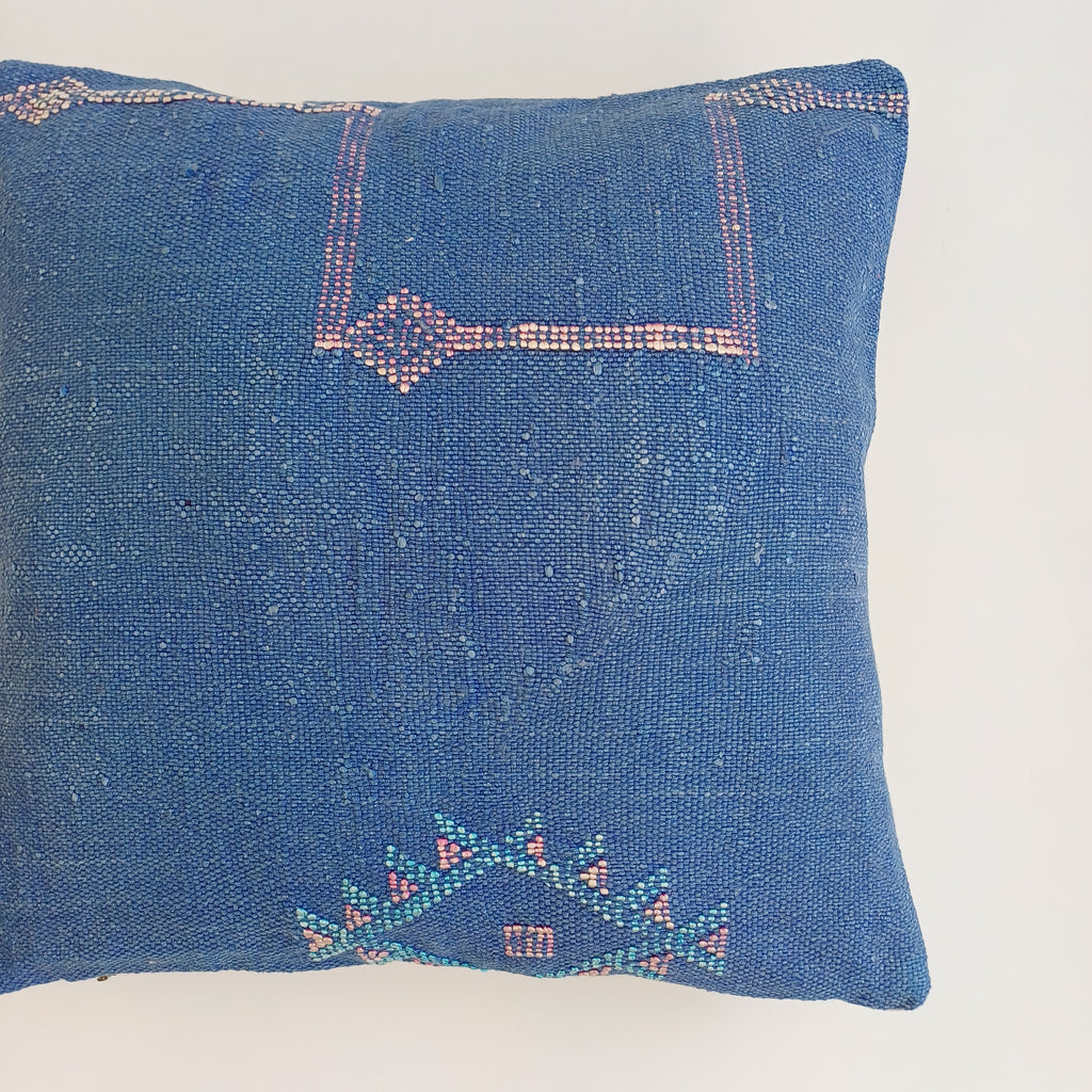Moroccan Handmade Dark Blue Cactus Silk Cushion Cover 16''x16'' / 40x40 CM