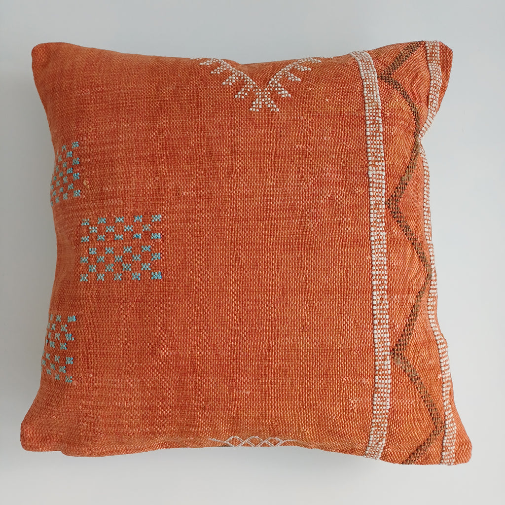 Moroccan Handmade Orange Cactus Silk Cushion Cover 16''x16'' / 40x40 CM