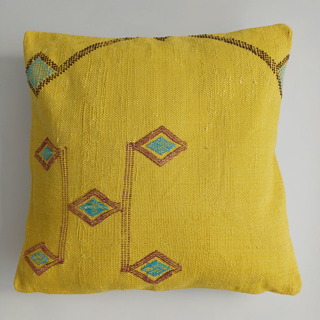 Moroccan Handmade Yellow Cactus Silk Cushion Cover 16''x16'' / 40x40 CM